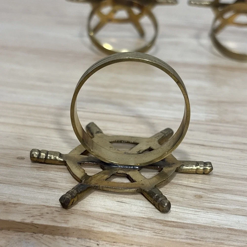 6 Brass Metal Ship Wheel Napkin Rings Nautical Decorative Table Decor Gold Tone